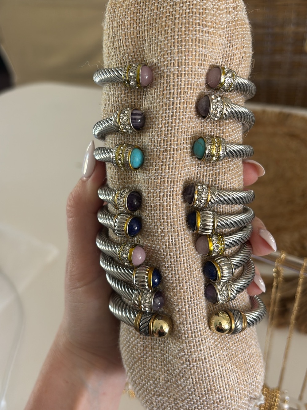 Mixed Gemstone Cable Cuff Bracelet - Silver with Gold Accents